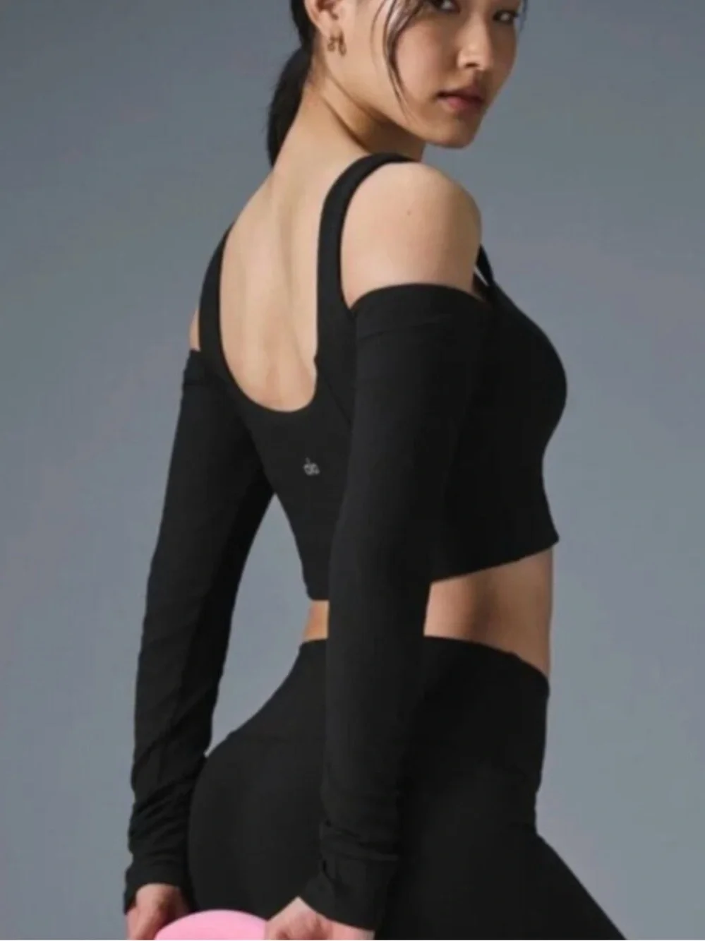Alo Ribbed Cropped Butterfly Long Sleeve Black Open Cold Shoulder Cut-Out Cutout